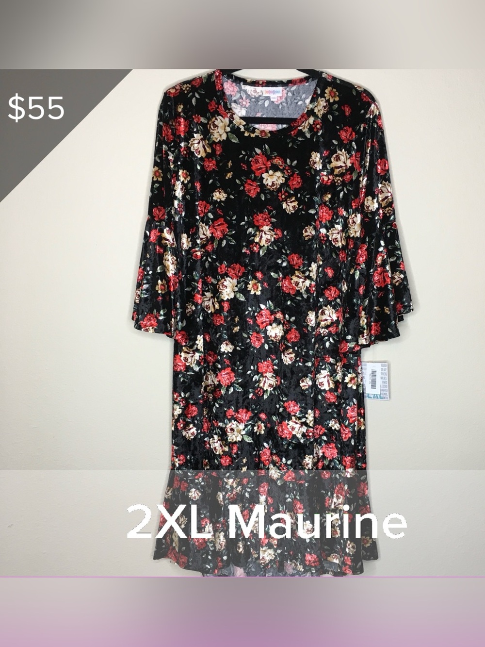LuLaRoe Maurine 2XL Black Dress with Red and Cream Floral Print